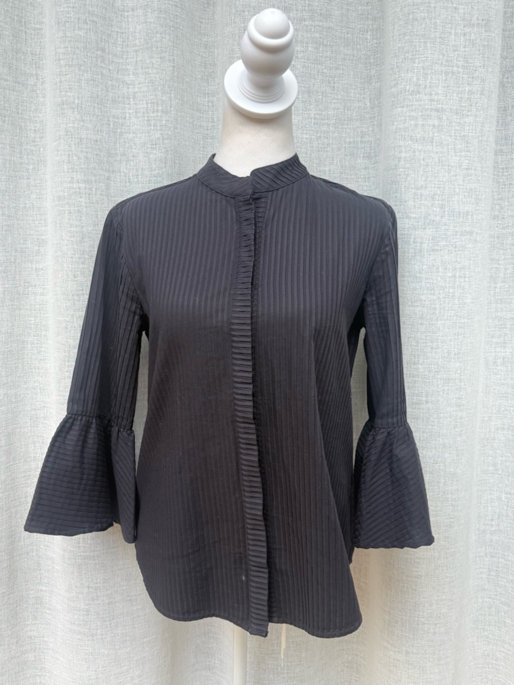 Poeta Palm Beach black button down ribbed  blouse bell ruffle sleeves